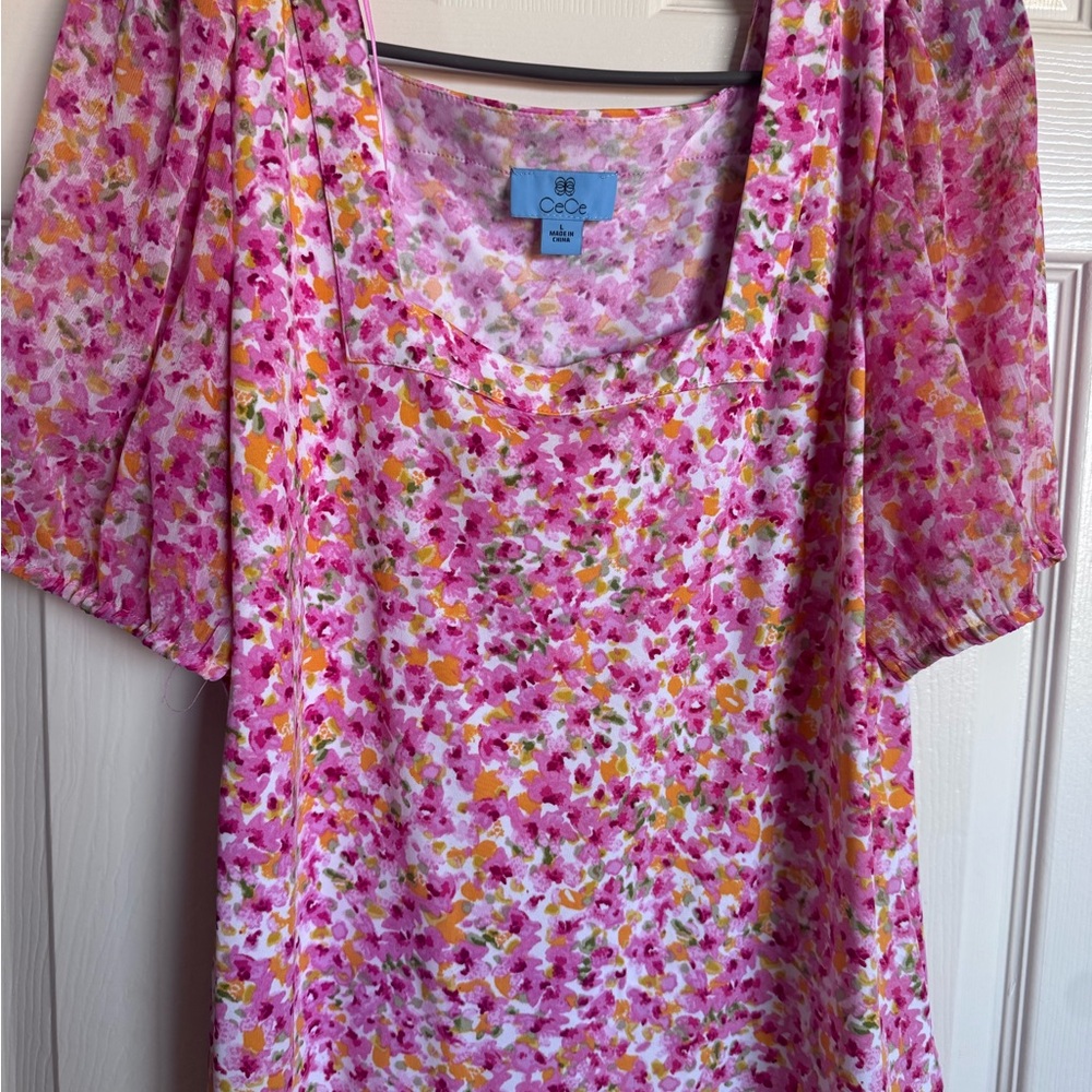 CeCe Pink & Yellow Floral Scoop Neck Blouse